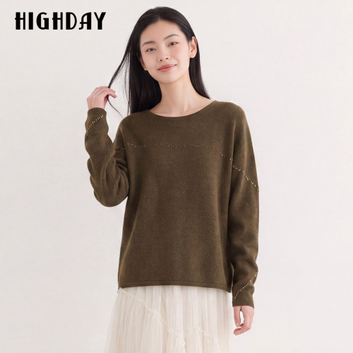 HIGH DAY/轩日松弛感圆领长袖针织衫2026秋落肩宽松慵懒风上衣女