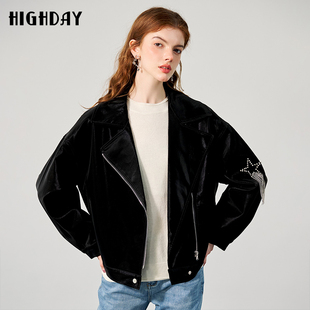 highday轩日春季翻领外套女黑色机车服长袖小众流苏设计感夹克ins