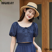 大领口纯色上衣女蝴蝶结系带短袖 highday轩日2024夏季 新款 衬衣ins