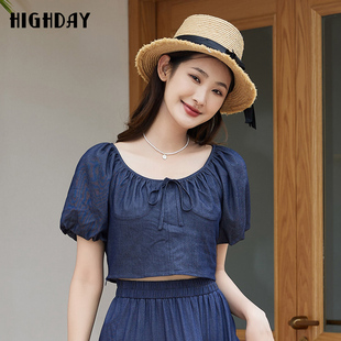 衬衣ins 大领口纯色上衣女蝴蝶结系带短袖 highday轩日2024夏季 新款