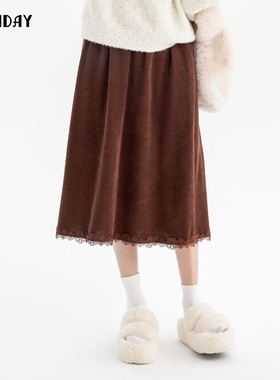 轩日2024冬季商场同款蕾丝花边半身裙女新款a字大摆过膝裙中长裙