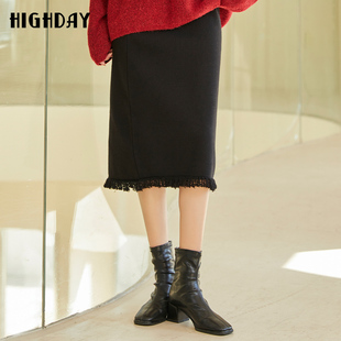 highday轩日2024冬季 高腰半身裙女流苏设计中长裙黑色一步裙 新款