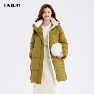 商场同款 highday轩日2024冬季 连帽撞色白鸭绒外套女中长ins羽绒服