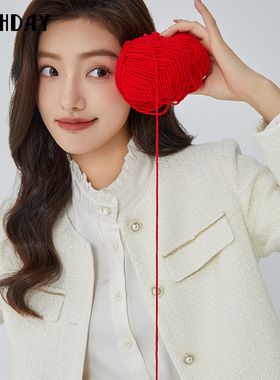 highday轩日2024春秋圆领长袖外套女新款单排扣小香风短外套chic