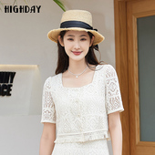 highday轩日2024夏季 衬衣 上衣女名媛流苏短袖 新款 小方领蕾丝小衫