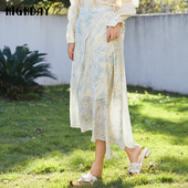 轩日商场春秋2024油画裙女高腰浪漫不规则设计感开叉中长款 半身裙