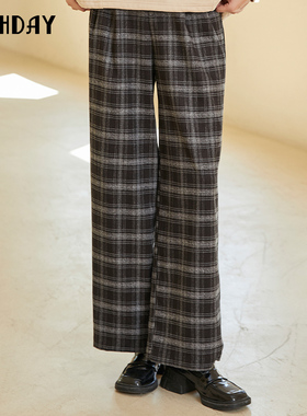 highday轩日通勤高腰休闲裤女冬季复古文艺格纹直筒阔腿裤子长裤