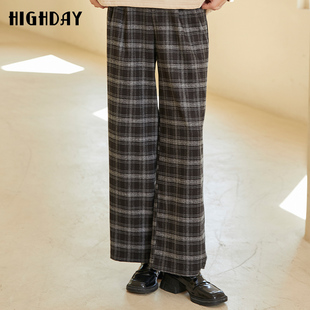 子长裤 复古文艺格纹直筒阔腿裤 女冬季 highday轩日通勤高腰休闲裤