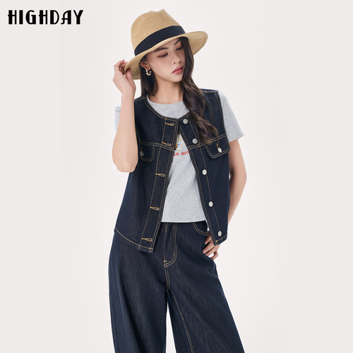 HIGH DAY/轩日短T恤牛仔马甲2026夏新款时尚休闲宽松圆领牛仔马甲