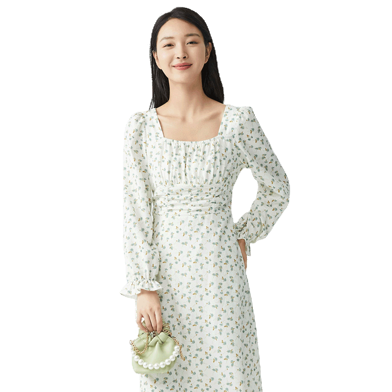 highday轩日2025春秋新款方领碎花印花裙女长袖连衣裙中长过膝裙