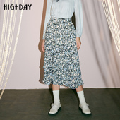 highday轩日秋季 裙子高腰碎花荷叶边过膝裙女复古油画感a字半身裙