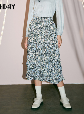 highday轩日秋季裙子高腰碎花荷叶边过膝裙女复古油画感a字半身裙