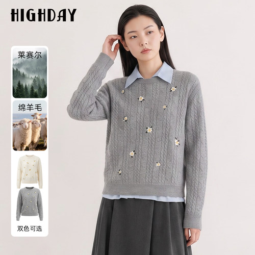 HIGH DAY/轩日圆领麻花针织毛衣2026秋温柔风刺绣宽松长袖套头衫