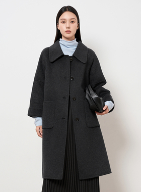 HIGHDAY轩日翻领毛呢大衣2025冬季中长款宽松羊毛外套高级感呢子