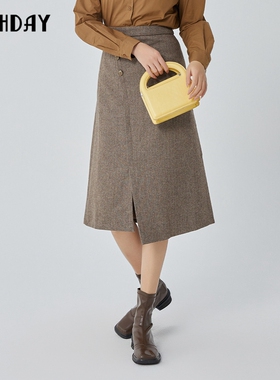 highday轩日24春季新款高腰半身裙女洋气过膝开叉中长裙气质a字裙