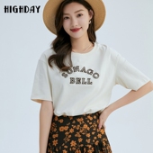 highday轩日2024夏季 T恤 体恤上衣女休闲时尚 新款 圆领简约字母短袖