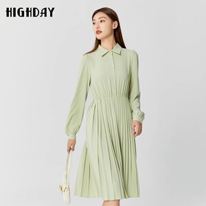 highday轩日秋季新款衬衫裙女法式修身长袖百褶裙纯色连衣裙chic