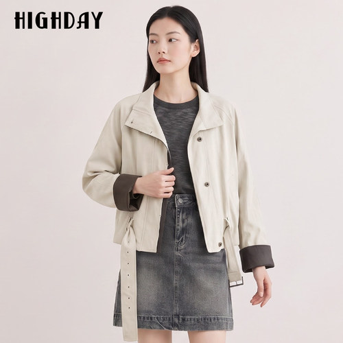 HIGH DAY/轩日复古撞色短款外套女2026秋小个子立领收腰夹克外套