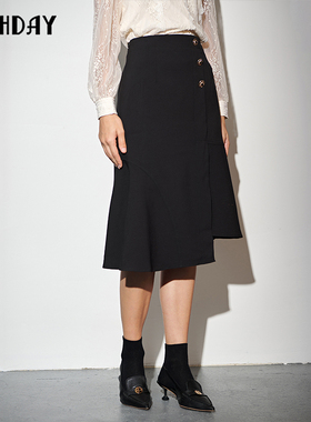 highday轩日春秋高腰黑色半身裙女纽扣荷叶边包臀不规则鱼尾裙ins