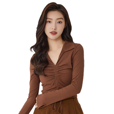 轩日纯色修身V领小众长袖T恤