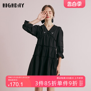 highday轩日秋季 裙女木耳边连衣裙a字减龄娃娃裙 衬衫 V领纯色7分袖