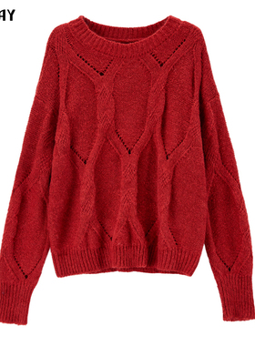 轩日2024冬季新款圆领红色打底衫女商场款新年红长袖宽松针织毛衣