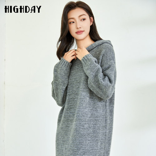 轩日连帽中长针织长袖连衣裙