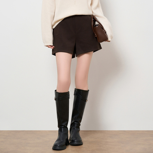 HIGHDAY轩日复古毛呢裤2025冬季商场同款百搭修身气质直筒短裤女