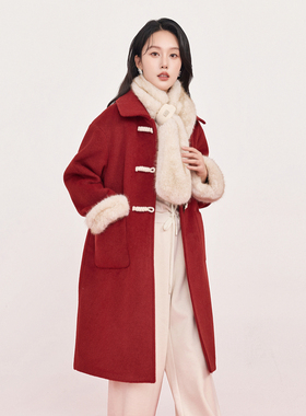 HIGHDAY轩日新年红呢大衣2025冬季新品牛角扣毛绒围脖加厚外套女
