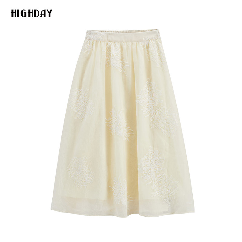 highday轩日2026夏装新款高腰半身裙女新中式绣花a字中长裙子chic