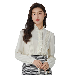 highday轩日2026春季新款立领宫廷风衬衣女捏褶木耳花边长袖衬衫