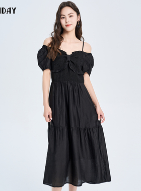 highday轩日短袖连衣裙2025夏季新款黑色泡泡袖裙气质短袖长裙子