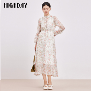 轩日HIGHDAY印花长袖连衣裙2026早秋季气质显瘦时尚长款雪纺裙子