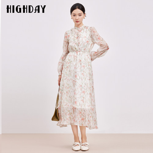 轩日HIGHDAY印花长袖连衣裙2026早秋季气质显瘦时尚长款雪纺裙子