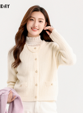 highday轩日24冬季商场同款奶油色圆领开衫外套女新款长袖针织衫