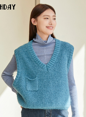 highday轩日2024商场复古背心马甲女冬季新款V领宽松无袖针织毛衫