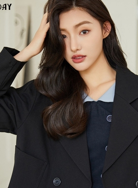 highday轩日2025春秋新款西装领宽松双排扣黑色长袖短款小外套女