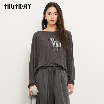 HIGHDAY轩日慵懒风卡通小狗印花长袖T恤2026秋宽松圆领薄款上衣女