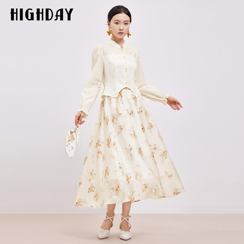 轩日HIGHDAY印花半身裙2026春秋季气质休闲高腰显瘦垂坠感长裙子