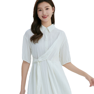 highday轩日2026夏装白色短袖衬衫裙女修身文艺中长款气质连衣裙