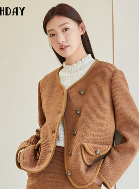 highday轩日冬季复古粗花呢上衣女圆领宽松斜门襟小香风长袖外套