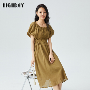 highday轩日2025夏新款大领口木耳边法式女裙短袖连衣裙过膝a字裙