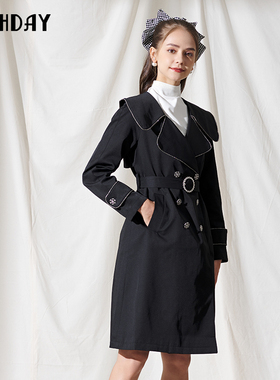 highday轩日春秋大翻领中长款外套女气质优雅双排扣黑色修身风衣