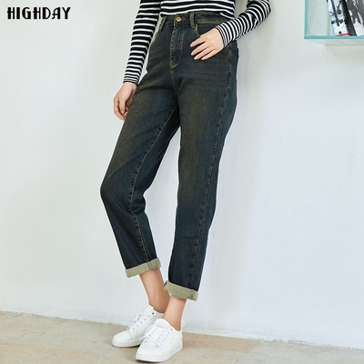 轩日高腰牛仔九分长裤
