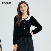 复古甜美撞色花边长袖 轩日2025春秋套头黑色修身 上衣女新款 衬衣潮