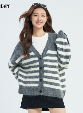highday轩日2024秋新款V领慵懒风宽松落肩长袖针织开衫女条纹外套