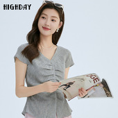 上衣女气质优雅短袖 highday轩日2024商场同款 V领修身 捏褶休闲衬衣