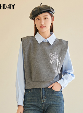 highday轩日2023春秋新款假两件长袖卫衣女撞色短款设计感上衣ins