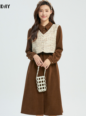 轩日2024商场同款收腰女裙秋季新款通勤复古假两件拼接长袖连衣裙