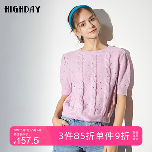 highday轩日春秋圆领套头毛衣女小个子麻花彩色贴钻中袖针织毛衫